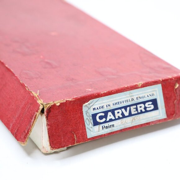 VINTAGE CARVERS SHEFFIELD Staghorn Carving Set  Knife Fork Sharpener Horn Handle - Picture 4 of 12